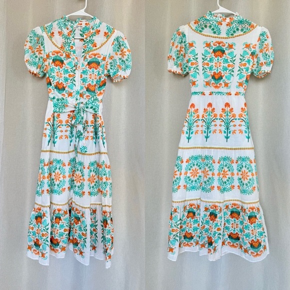 Celina Moon Pippa Floral White Orange Green Short Sleeve Midi Dress M - Picture 3 of 11